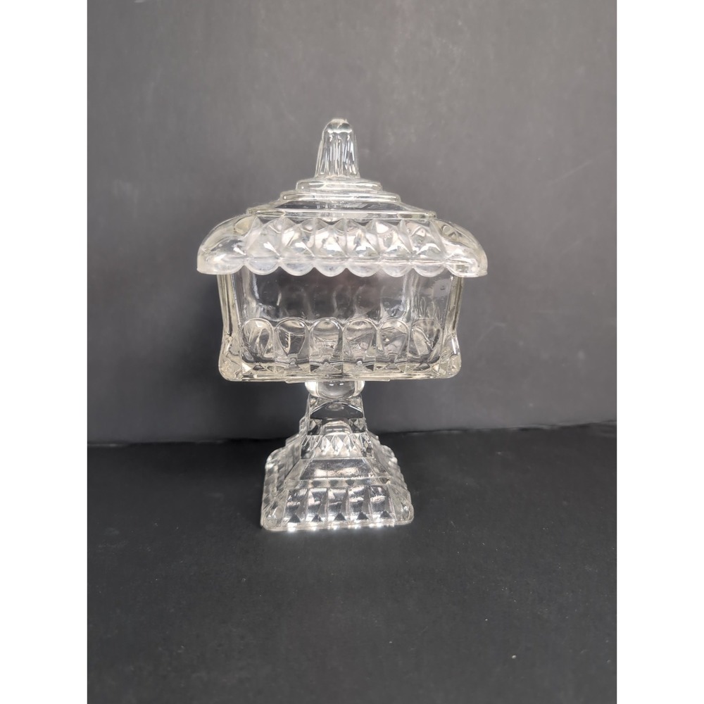 Vintage Jeanette Clear Glass Square Pedestal Mint Dish With Lid Trinket Box